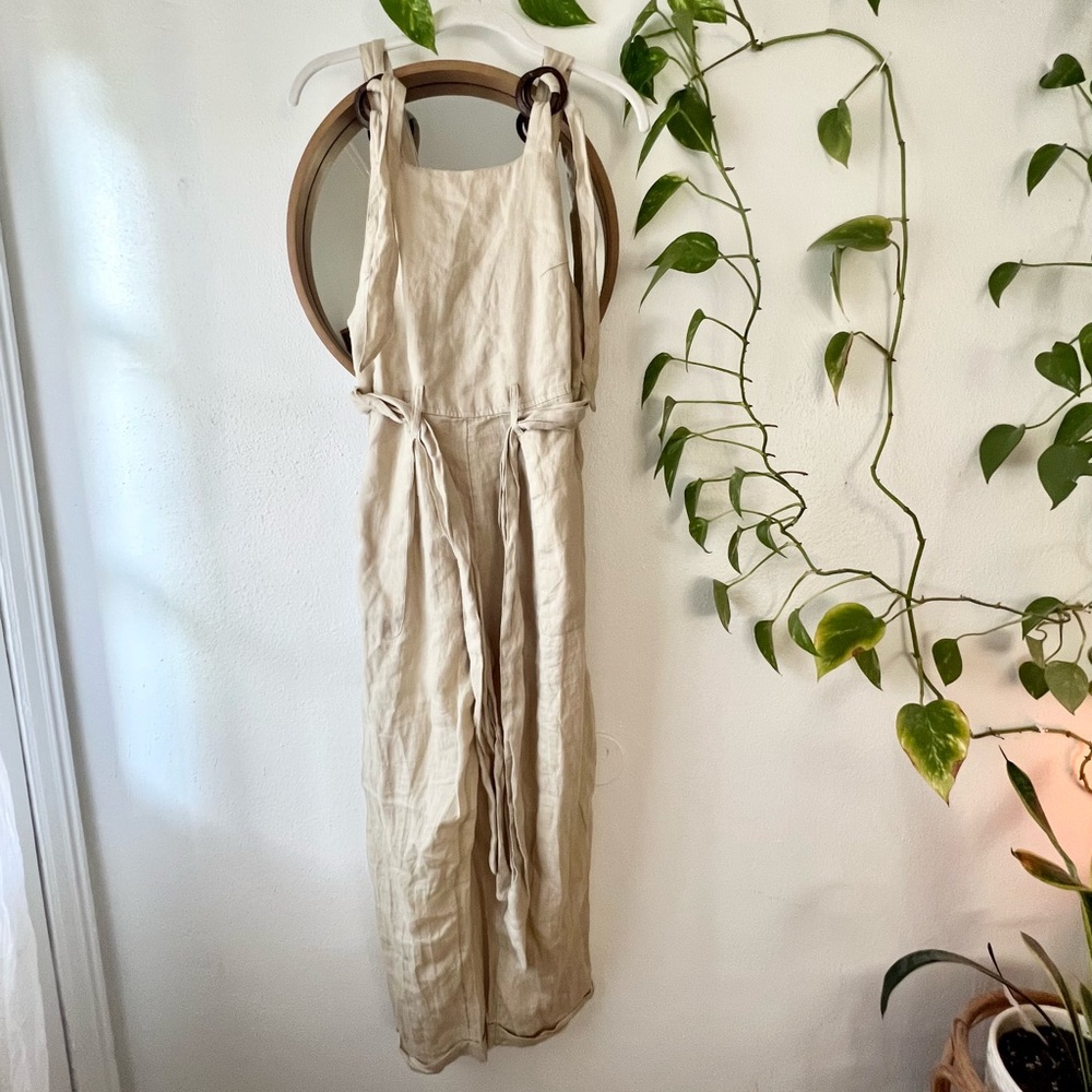 Free People Beige Linen Tie-Back Jumpsuit